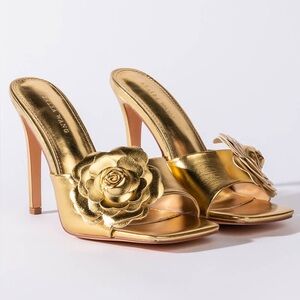 AZALEA WANG gold metallic faux leather Stiletto square toe flower sandal heels